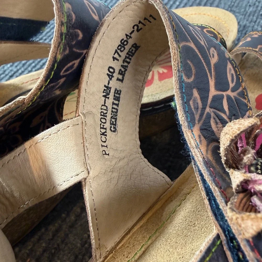 L'Artiste Spring Step Pickford Floral Leather Wedge Sandals Navy Multi Size 40
